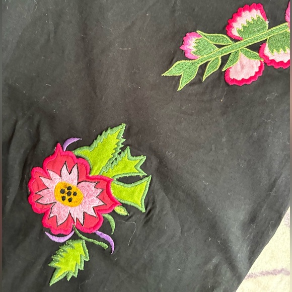Vintage Black Colorful Floral Appliqué Cotton Pants Size M - Picture 3 of 6